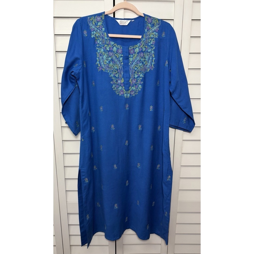 BIBA Embroidered Kurta 3/4 Sleeve Side Slit Tunic Women's Size 38 Blue